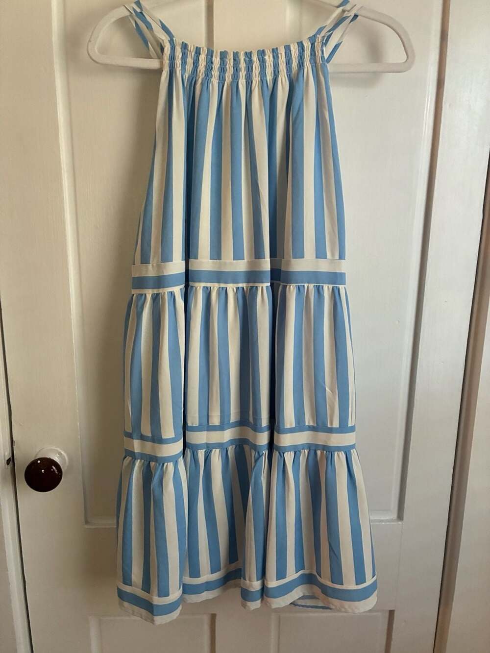 Entro Blue and White Striped Sleeveless Tiered Midi Dress - Picture 2 of 4
